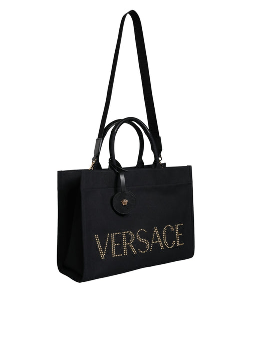 Versace Black Handle Canvas Leather Logo Crossbody Tote Bag