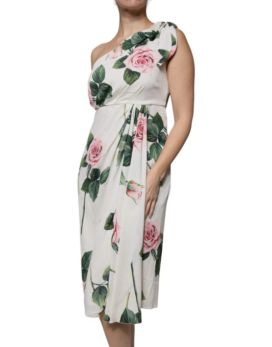 Dolce & Gabbana White Floral Silk One-Shoulder Midi Dress