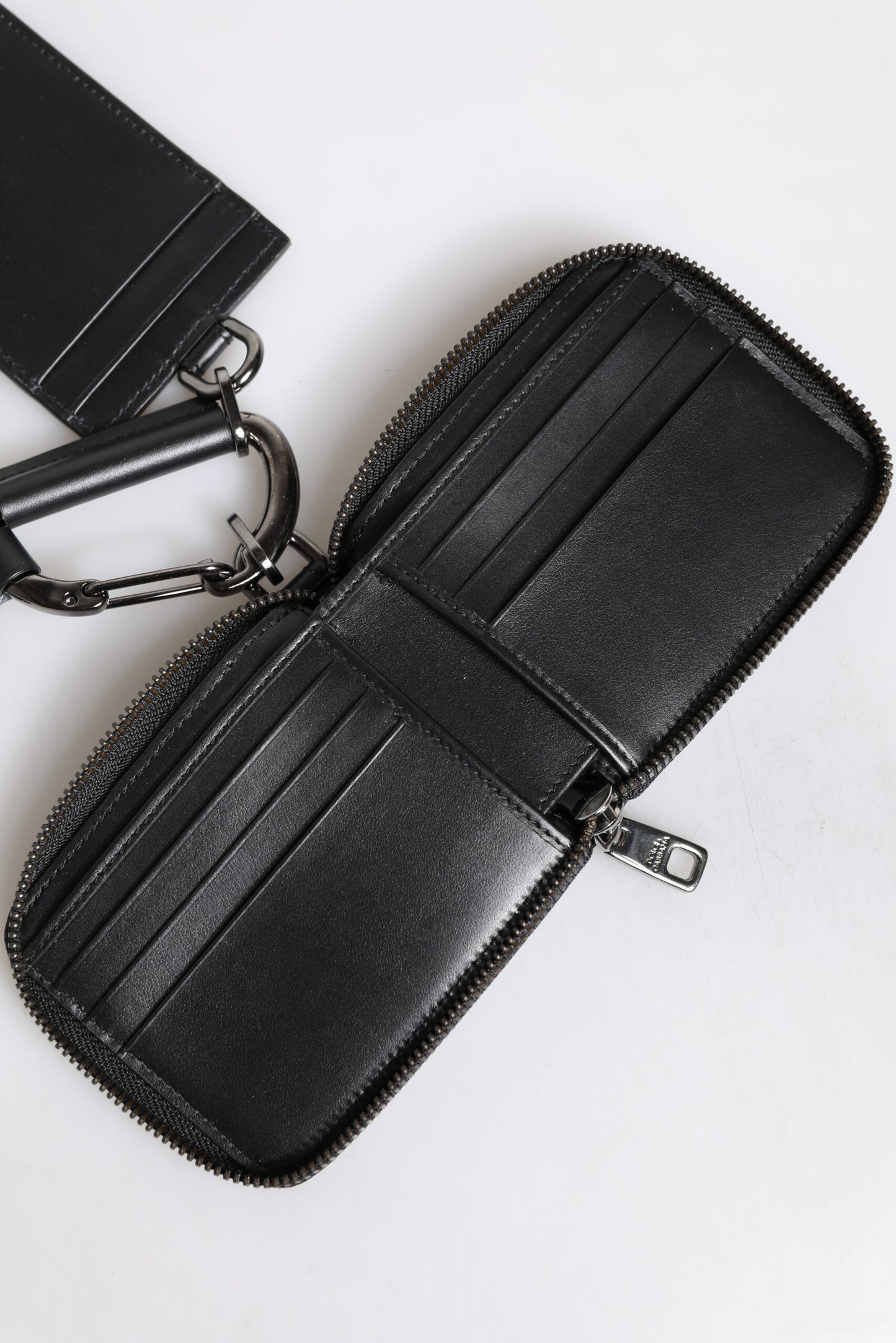 Dolce & Gabbana Black Leather Lanyard Zip Around Card Holder Wallet