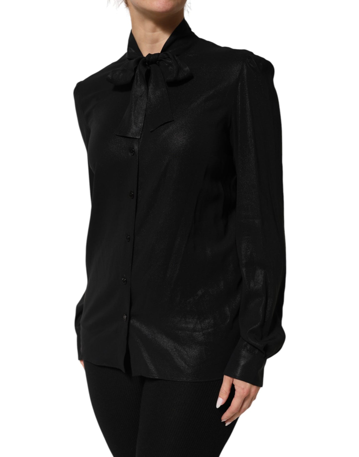 Dolce & Gabbana Black Viscose Long Sleeve Tie Neck Blouse Top