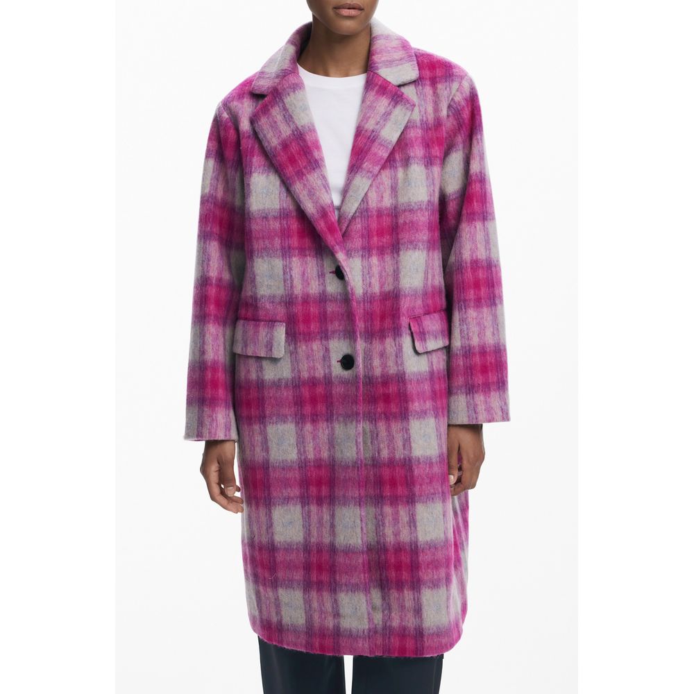 Plaid coat with pink and gray pattern on a white background
