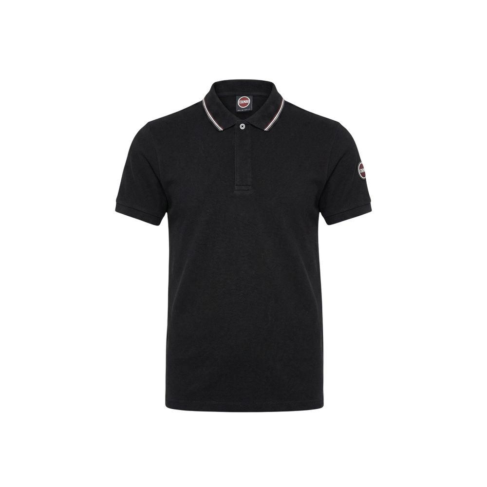Black polo shirt with white trim on a white background