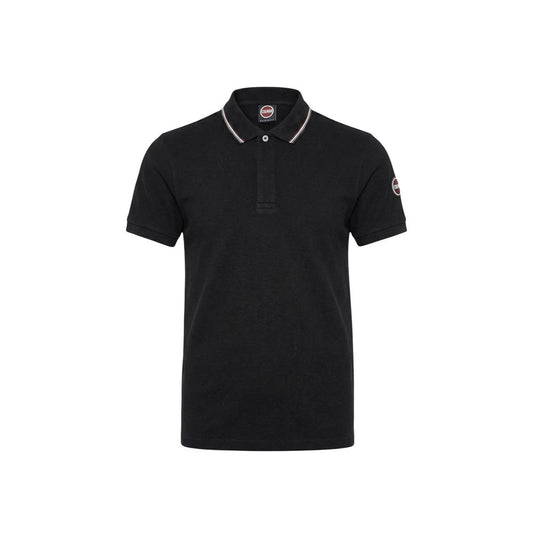 Black polo shirt with white trim on a white background