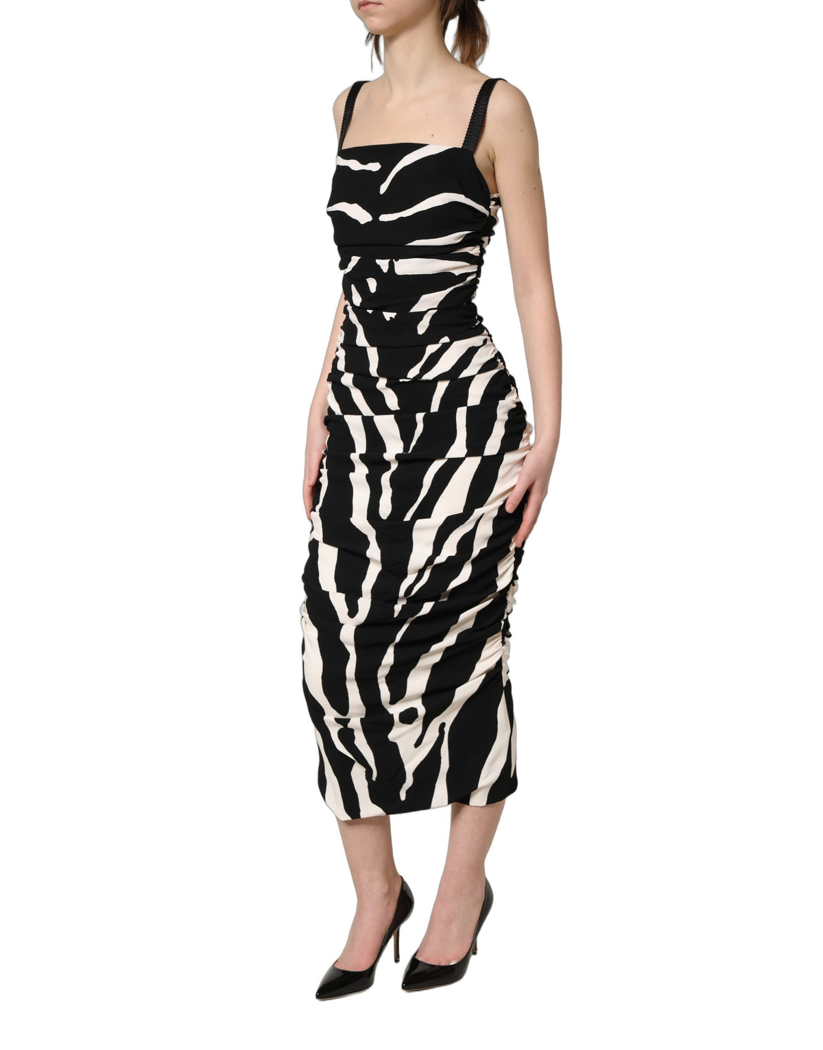 Dolce & Gabbana Schwarz Weiß Zebra Cady Wadenlanges Kleid