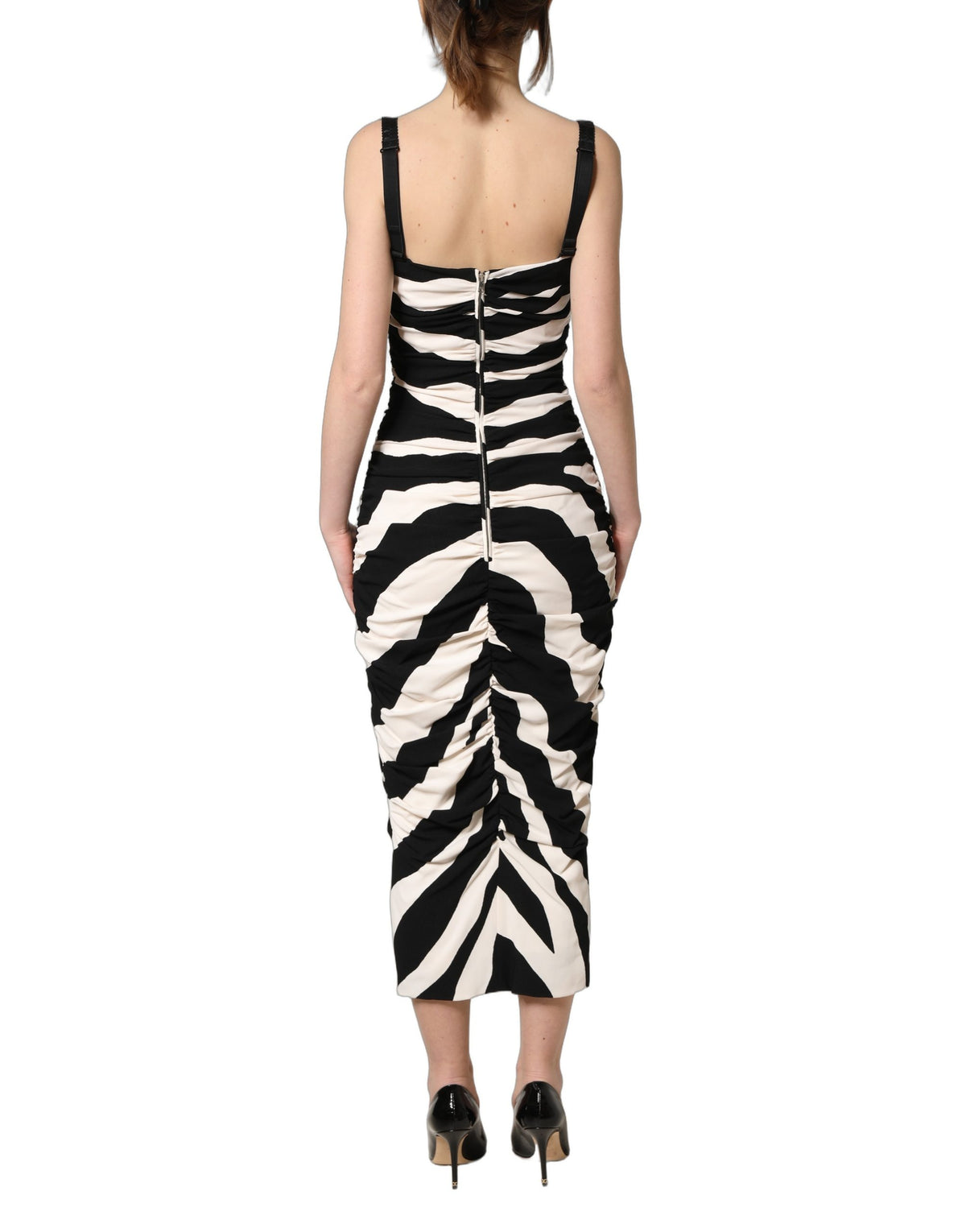 Dolce & Gabbana Schwarz Weiß Zebra Cady Wadenlanges Kleid
