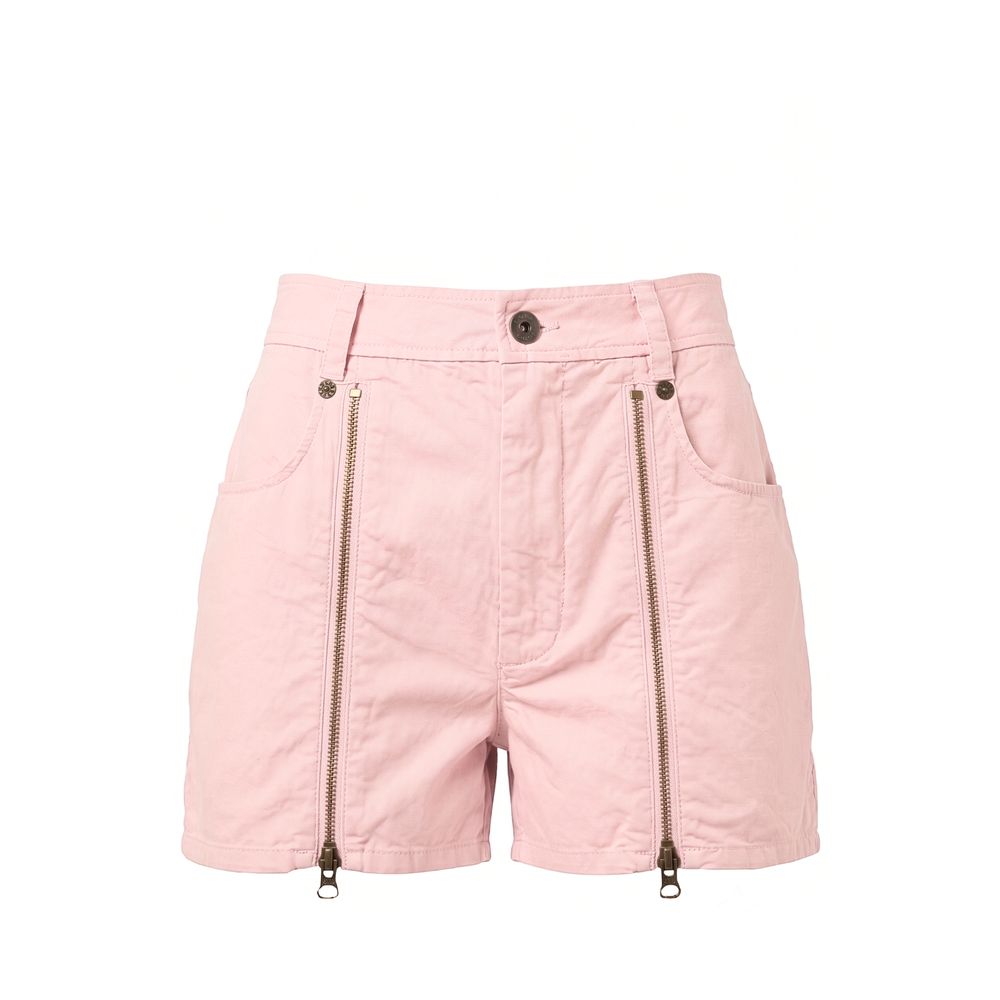 Light pink denim shorts featuring dual front zipper pockets, a button closure, and metal zipper pulls hanging from the hem, shown against a plain white background.