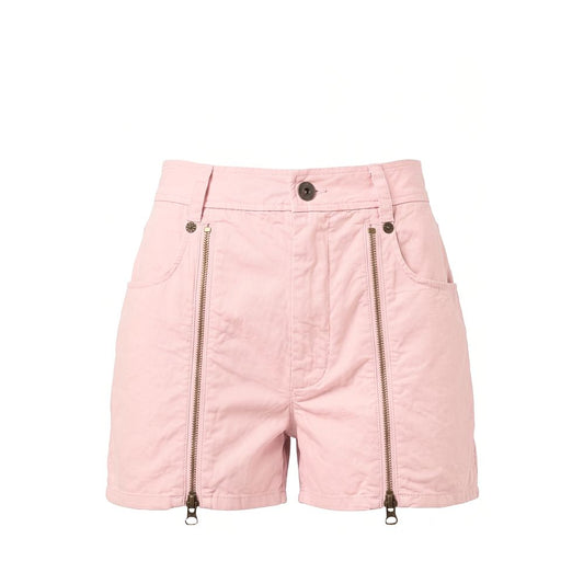 Light pink denim shorts featuring dual front zipper pockets, a button closure, and metal zipper pulls hanging from the hem, shown against a plain white background.