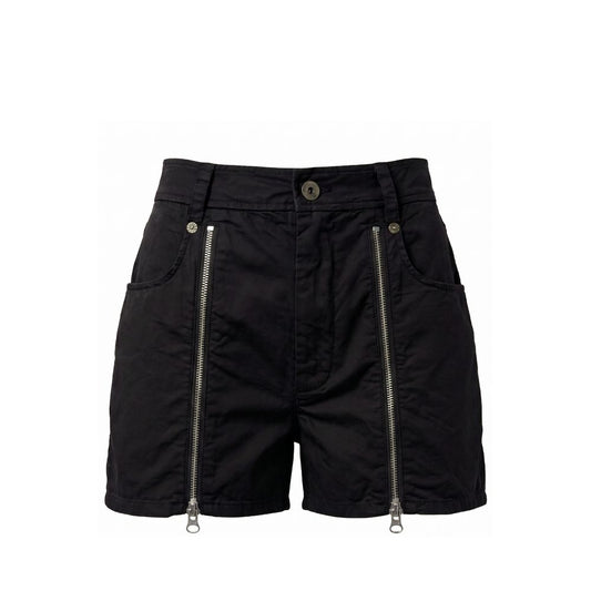 Black high-waisted shorts featuring dual front zipper pockets with silver-tone metal zippers and pull tabs, a button closure, and belt loops, shown against a plain white background.