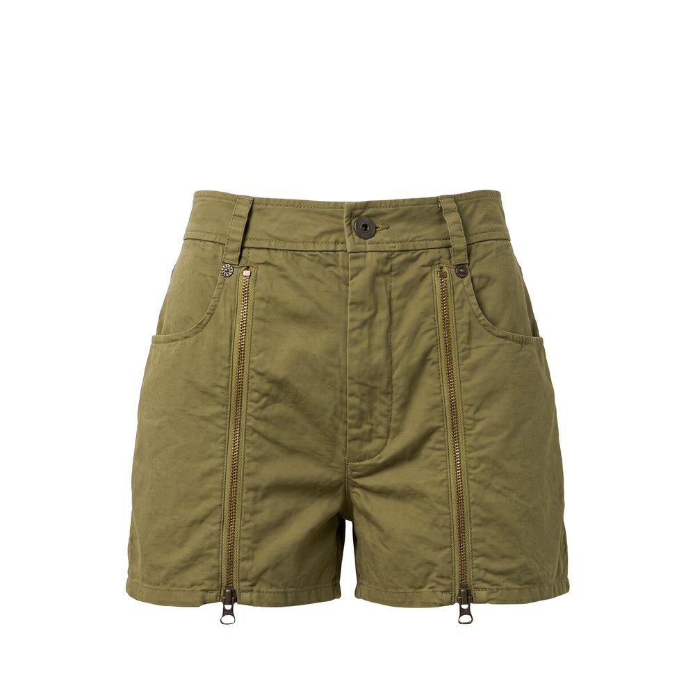 Olive green utility shorts with dual front zipper pockets and drawstring hem, shown flat on a white background.