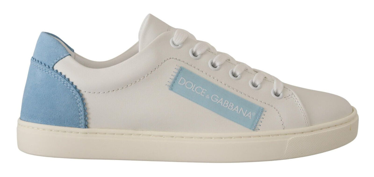 Dolce & Gabbana Weiße Blaue Leder-Low-Top-Sneaker Schuhe