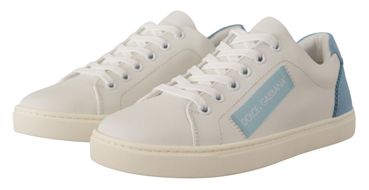 Dolce & Gabbana Weiße Blaue Leder-Low-Top-Sneaker Schuhe