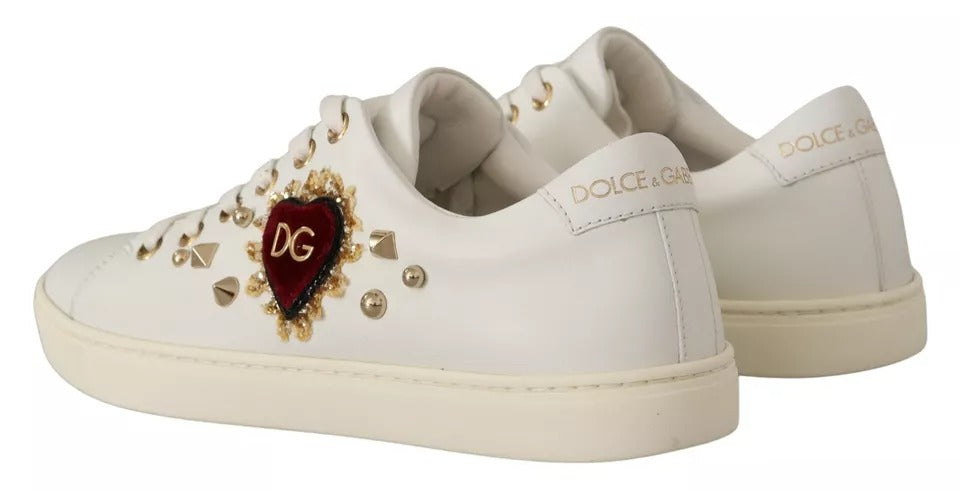 Dolce & Gabbana Weiße Leder Gold Rot Herz Sneakers Schuhe