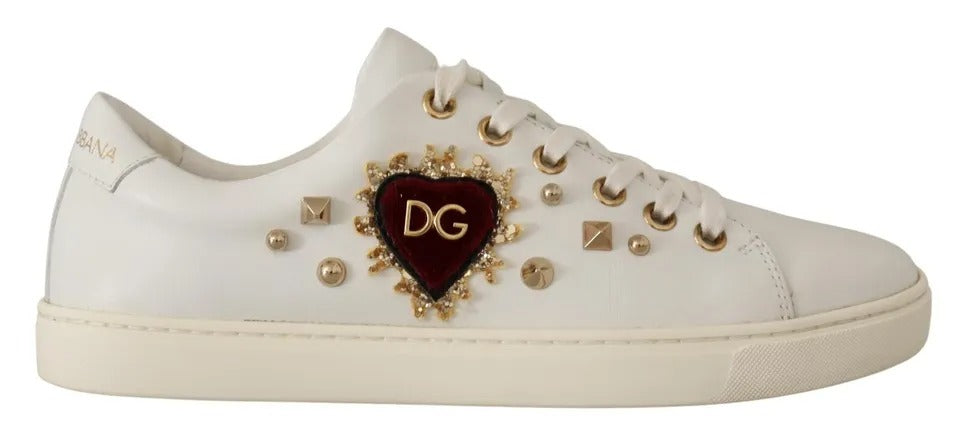 Dolce & Gabbana Weiße Leder Gold Rot Herz Sneakers Schuhe