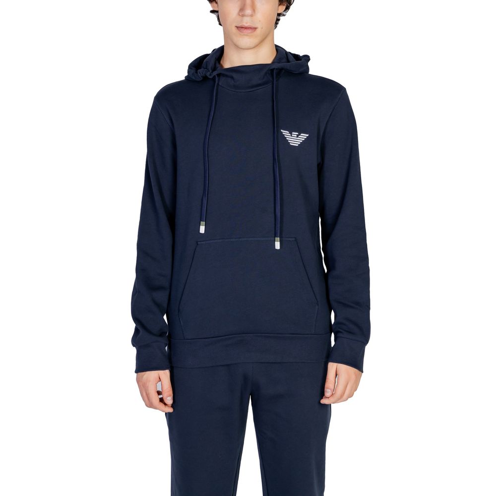 Navy blue hoodie with a logo on a white background