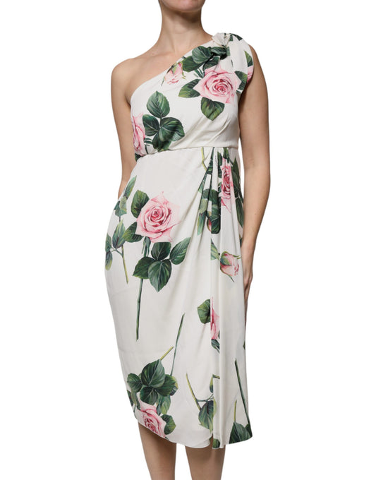 Dolce & Gabbana White Floral Silk One-Shoulder Midi Dress