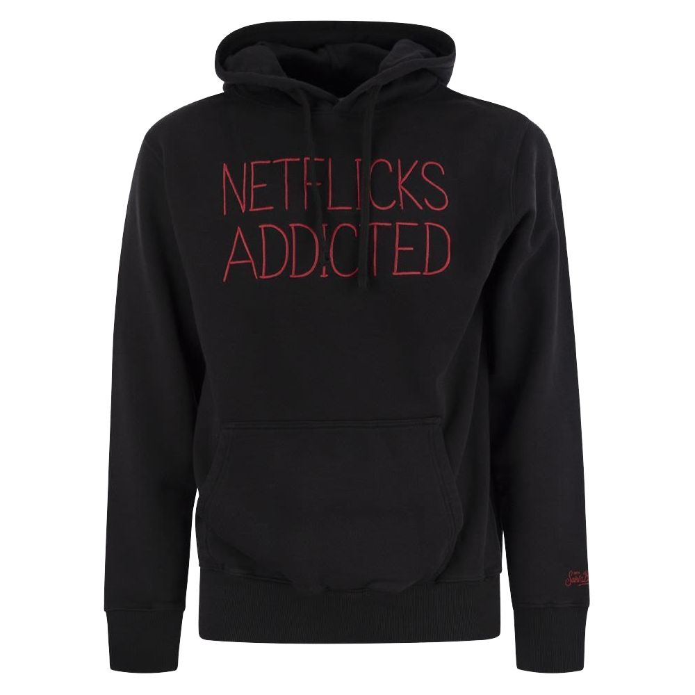 Black hoodie with 'NETFLICKS ADDICTED' text in red on a white background