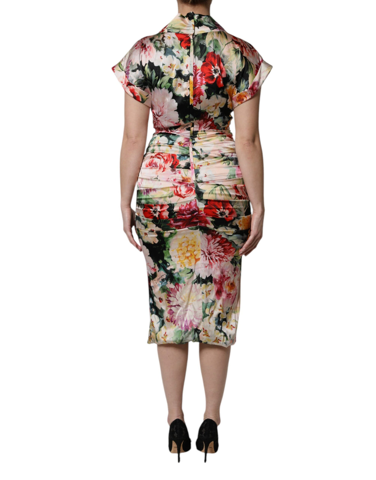 Dolce & Gabbana Mehrfarbiges geblümtes Etui-Midikleid mit kurzen Ärmeln