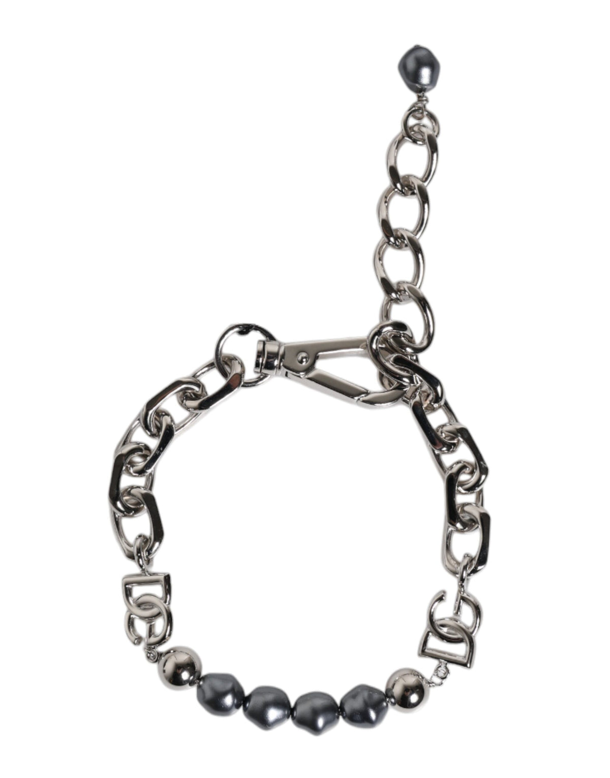 Dolce & Gabbana Silberfarbenes Kettenarmband mit Karabinerverschluss, Logo und grauen Perlen