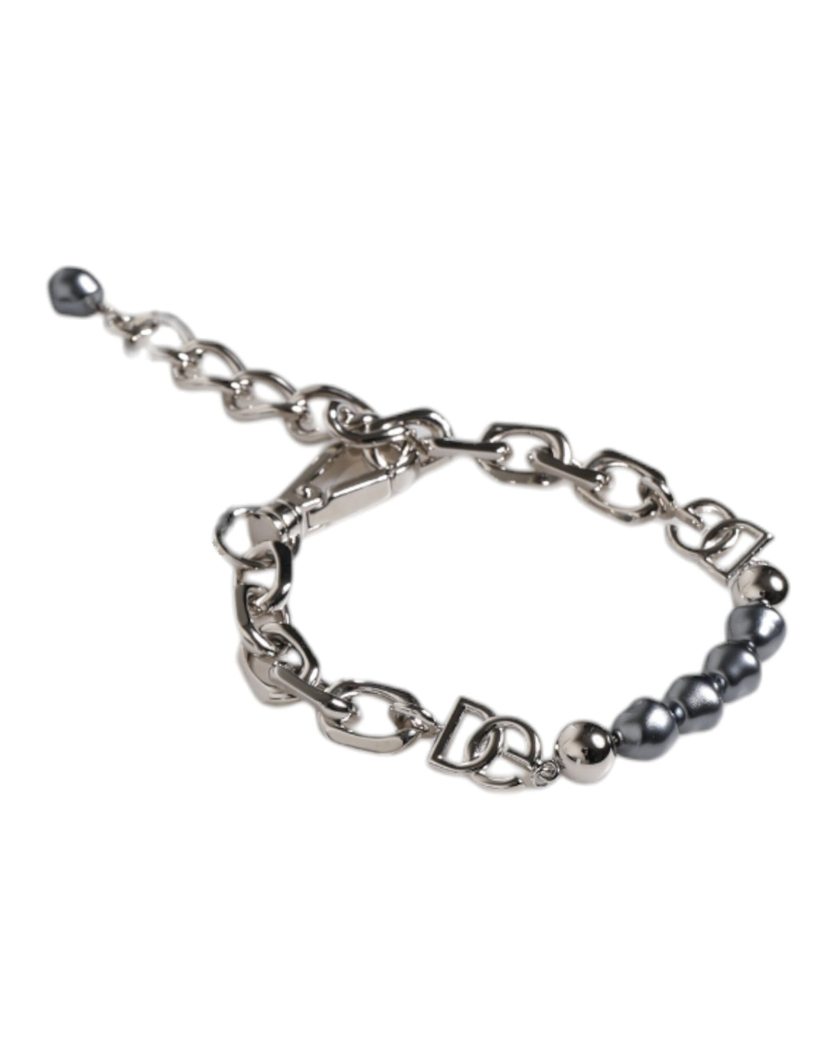Dolce & Gabbana Silberfarbenes Kettenarmband mit Karabinerverschluss, Logo und grauen Perlen