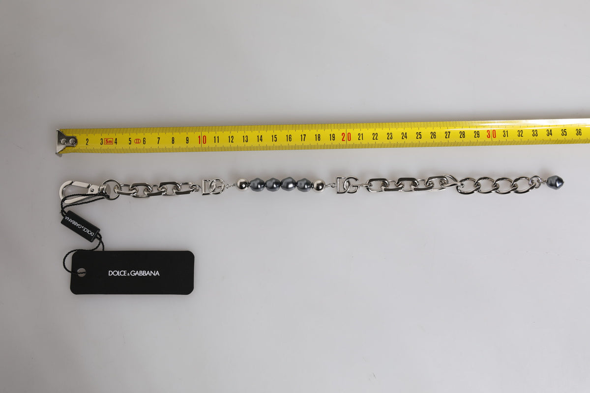Dolce & Gabbana Silberfarbenes Kettenarmband mit Karabinerverschluss, Logo und grauen Perlen