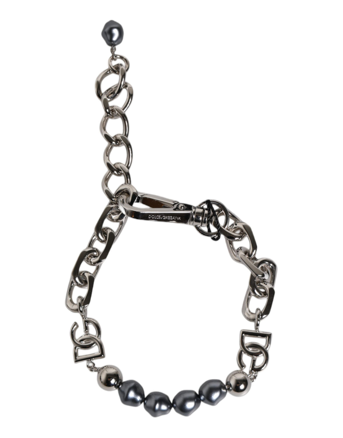 Dolce & Gabbana Silberfarbenes Kettenarmband mit Karabinerverschluss, Logo und grauen Perlen