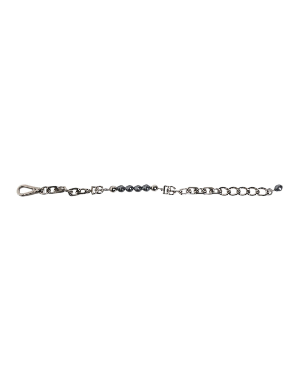 Dolce & Gabbana Silberfarbenes Kettenarmband mit Karabinerverschluss, Logo und grauen Perlen