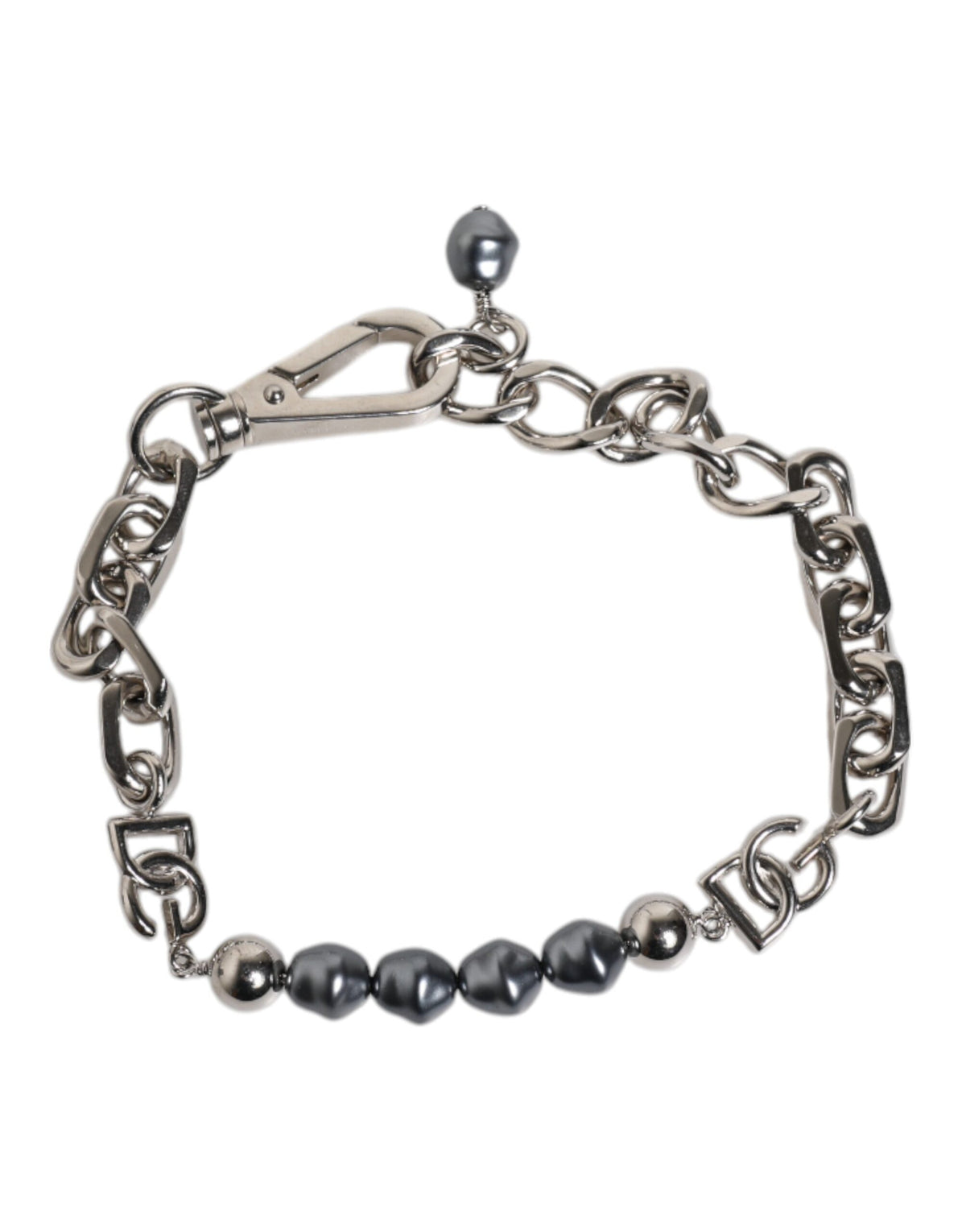Dolce & Gabbana Silberfarbenes Kettenarmband mit Karabinerverschluss, Logo und grauen Perlen