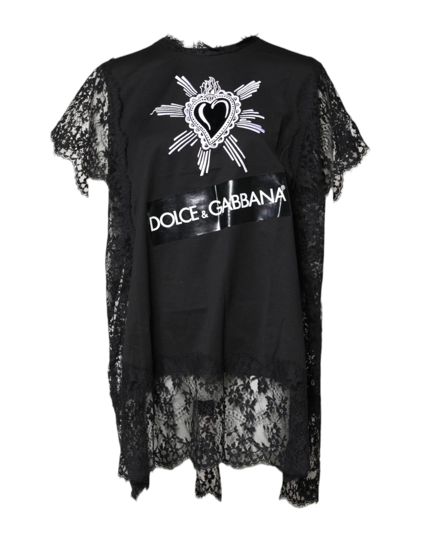 Dolce & Gabbana Black Lace Sheer Sacred Heart Crew Neck Top