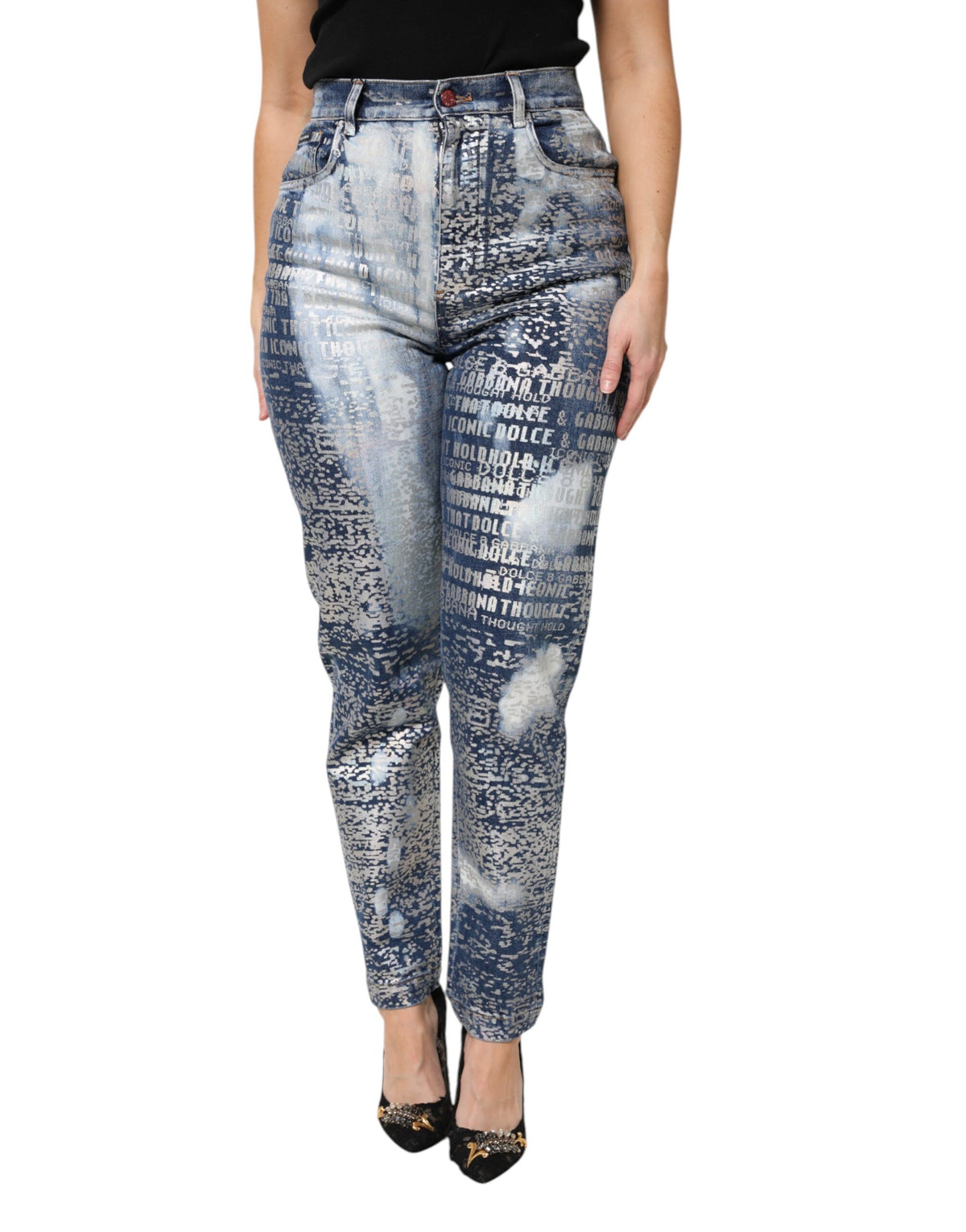 Dolce & Gabbana Blue Washed Print High Waist Jeans
