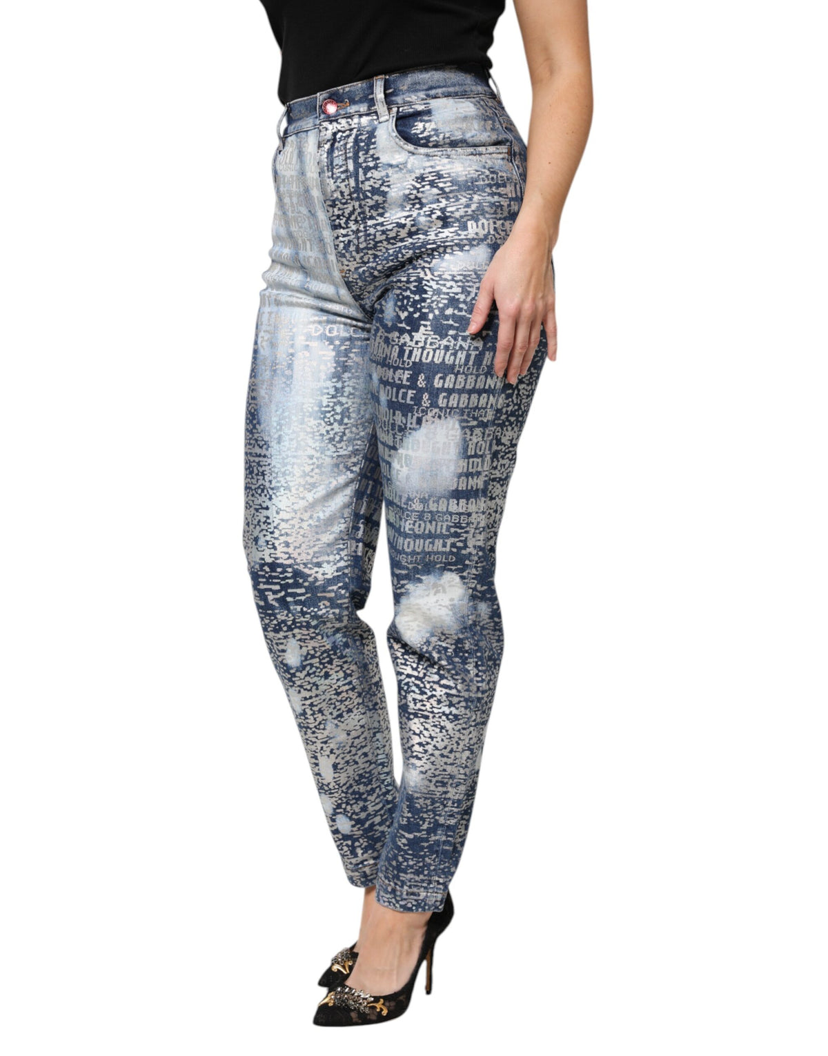Dolce & Gabbana Blue Washed Print High Waist Jeans