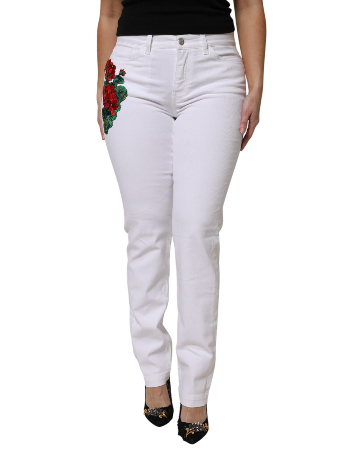Dolce & Gabbana Weiße Jeans aus Denim mit Blumenmuster und Pailletten im GIRLY-Stil