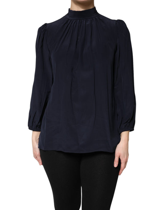 Dolce & Gabbana Blue Silk Mock Neck Long Sleeves Blouse Top