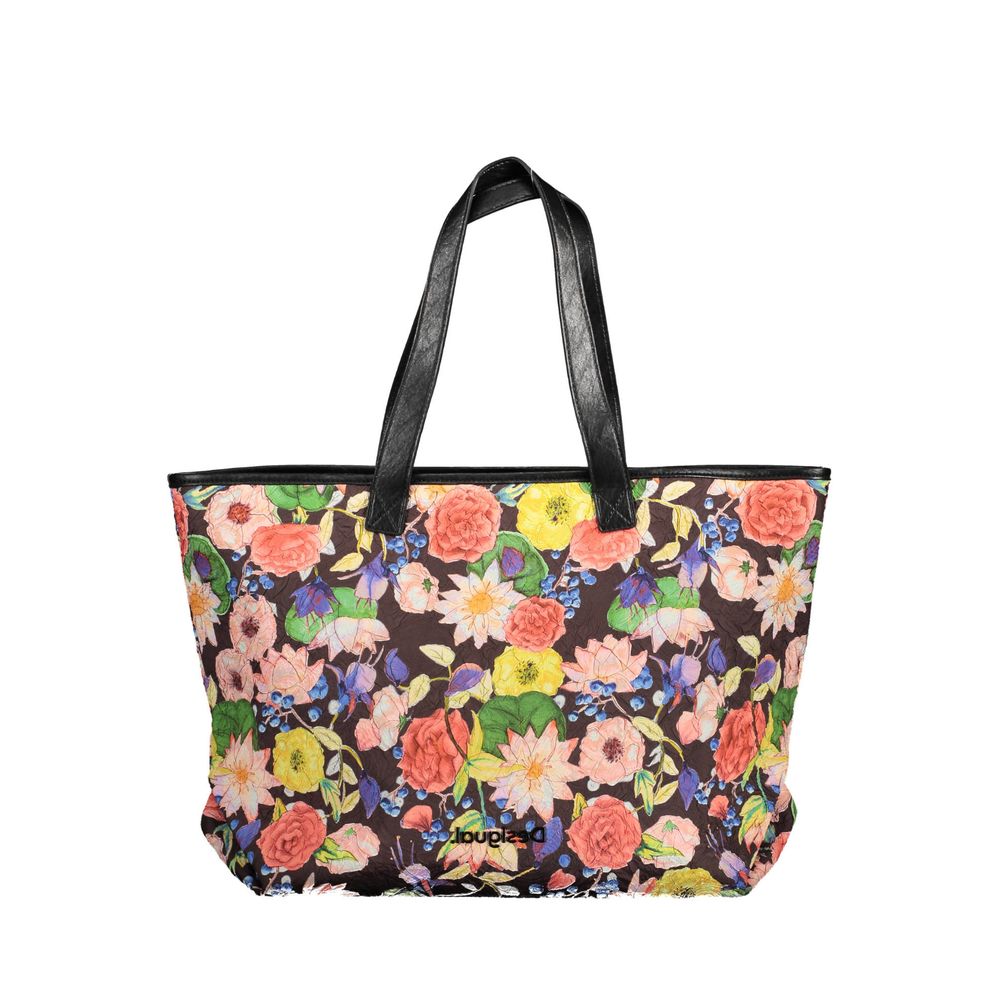Floral tote bag with black handles on a white background