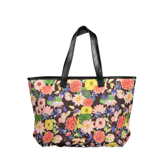 Floral tote bag with black handles on a white background