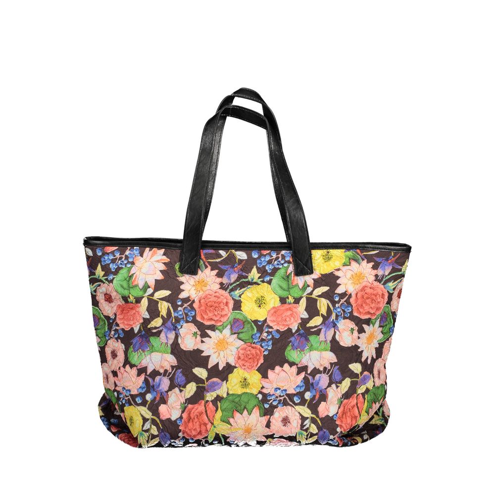 Floral-patterned tote bag with black handles on a white background