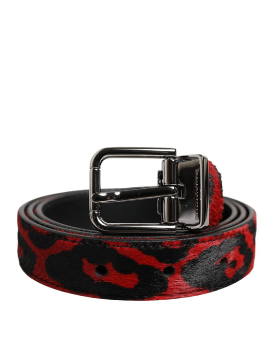 Dolce & Gabbana črn rdeč leopardji pas s srebrno kovinsko zaponko