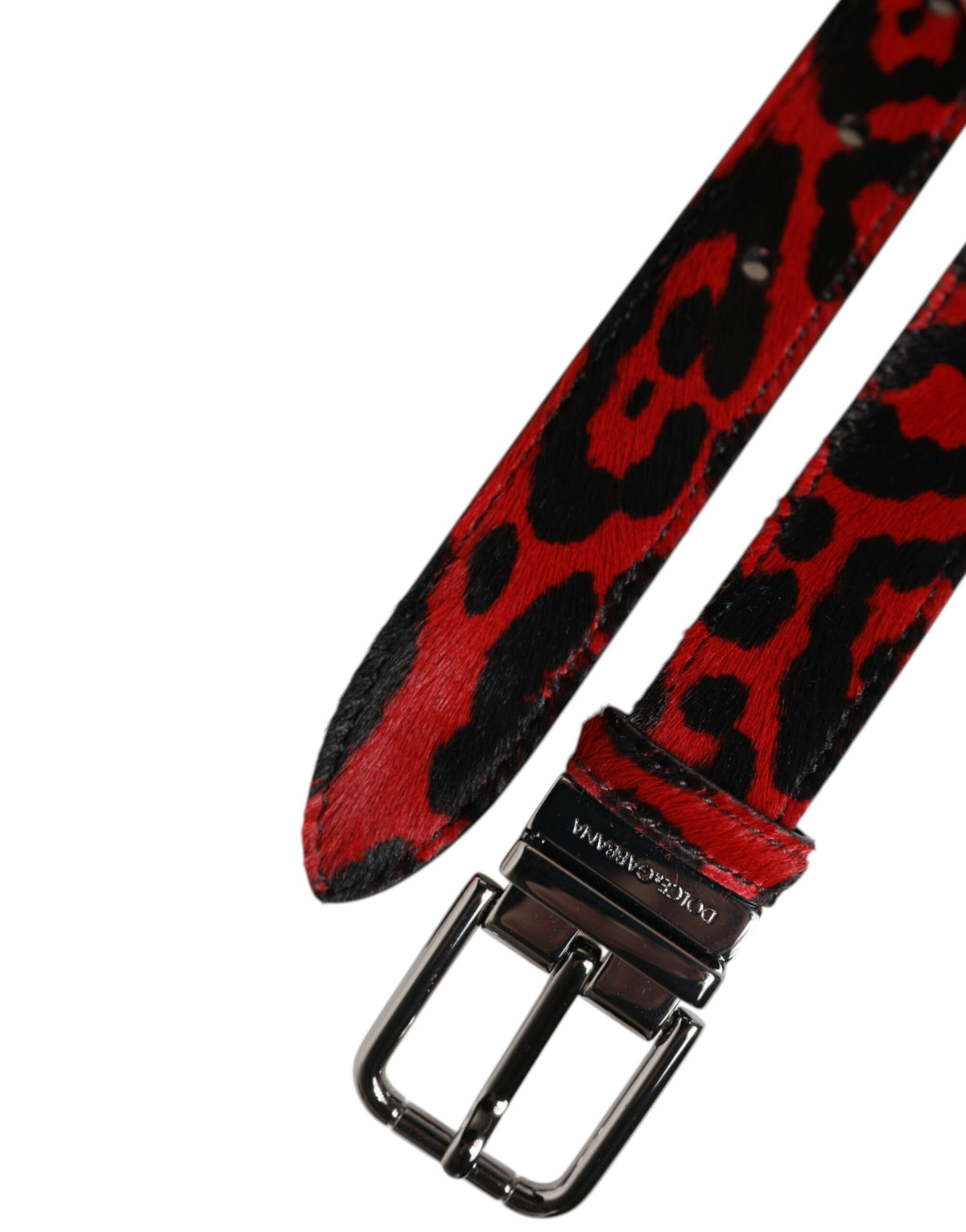 Dolce & Gabbana Gürtel mit schwarzem, rotem Leopardenmuster und silberner Metallschnalle