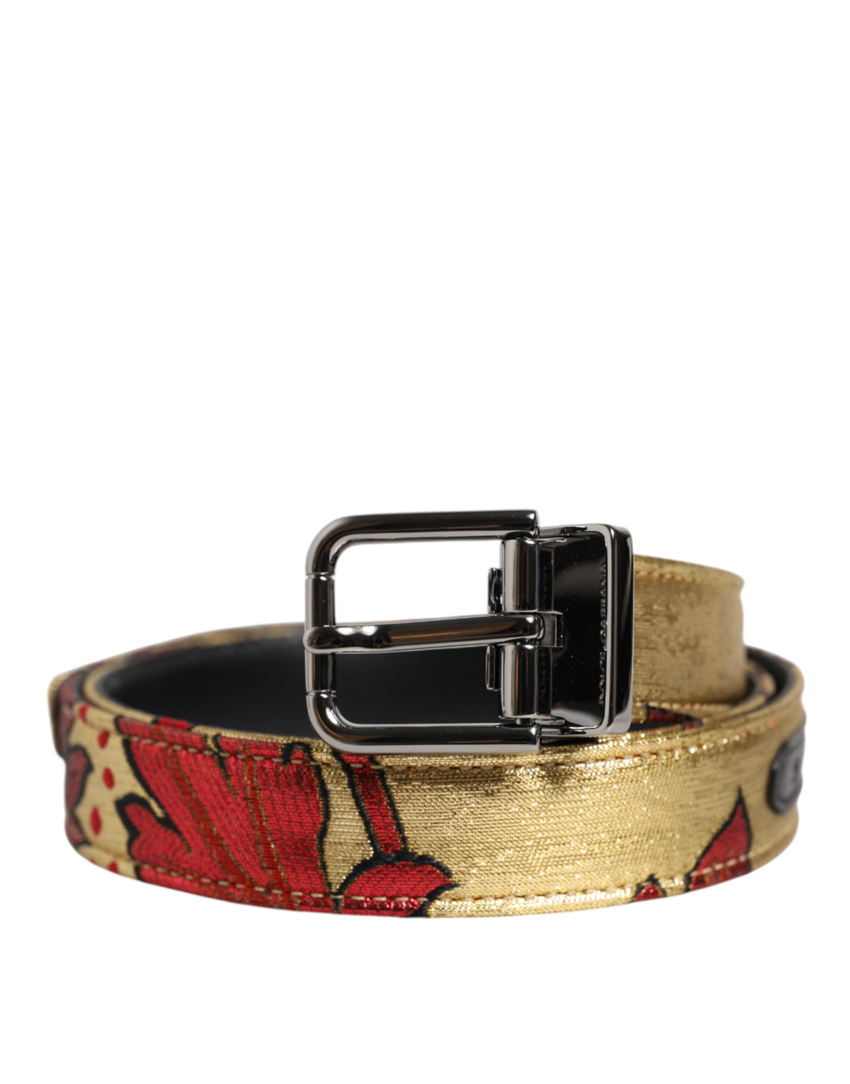 Dolce & Gabbana Gürtel mit Blumenjacquard aus Gold und silberner Metallschnalle