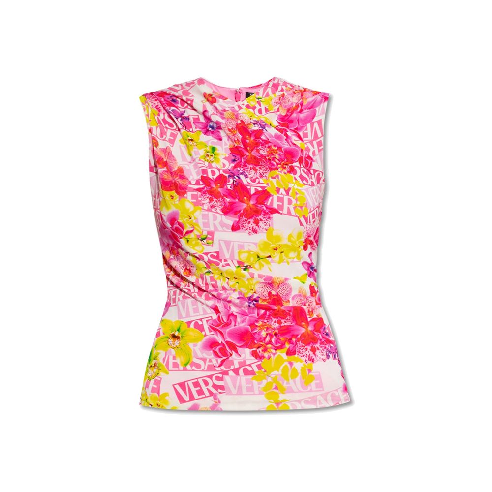 Colorful floral-patterned dress with Versace logo on a white background