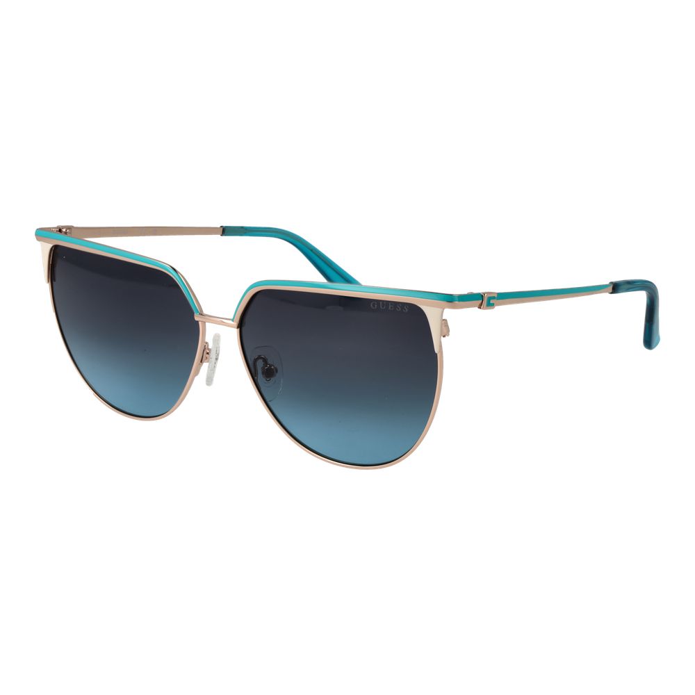 Sunglasses with teal and gold frame on a white background