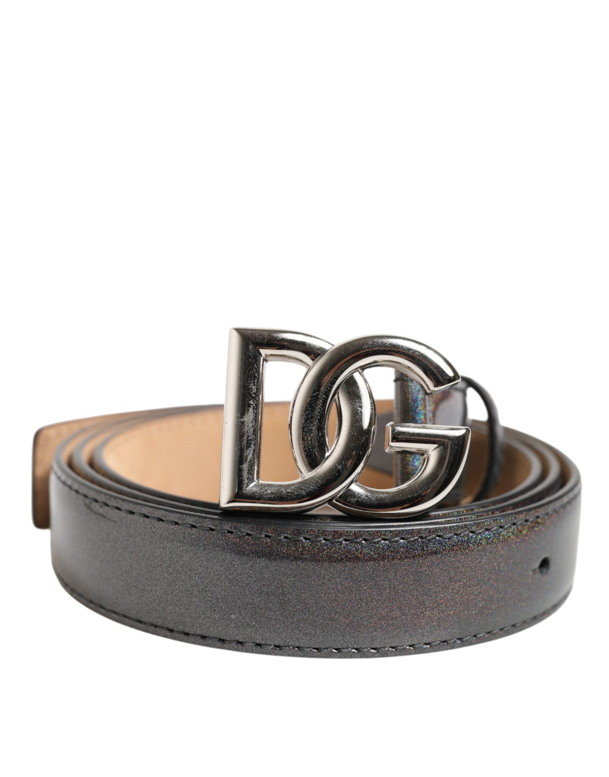 Usnjen pas Dolce & Gabbana z bleščečo kovinsko in srebrno zaponko z logotipom