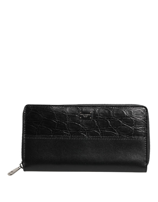 Dolce & Gabbana Black Leather Logo Plaque Zip Around Continental Wallet