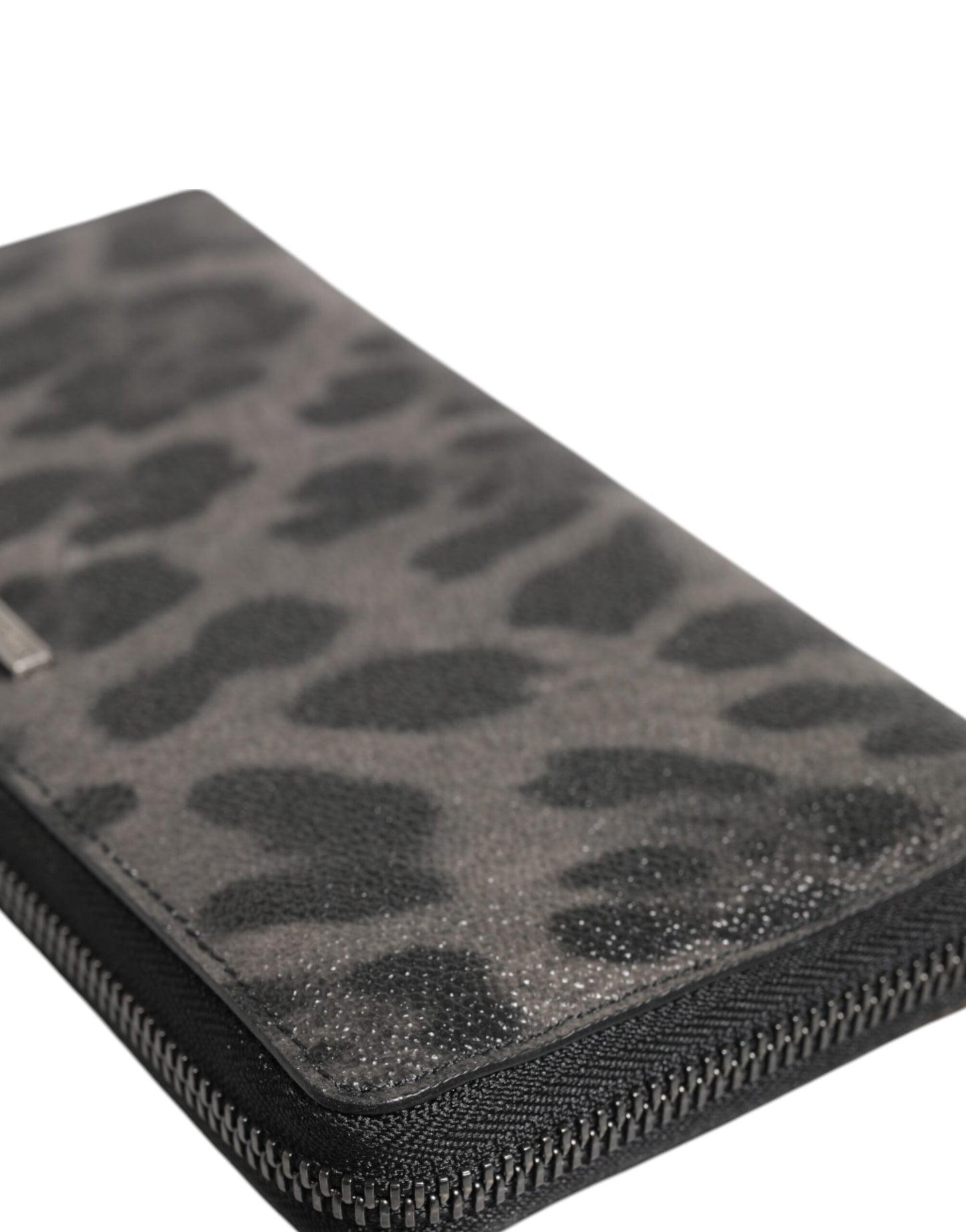 Dolce & Gabbana Black Gray Leopard Leather Zip Around Continental Wallet