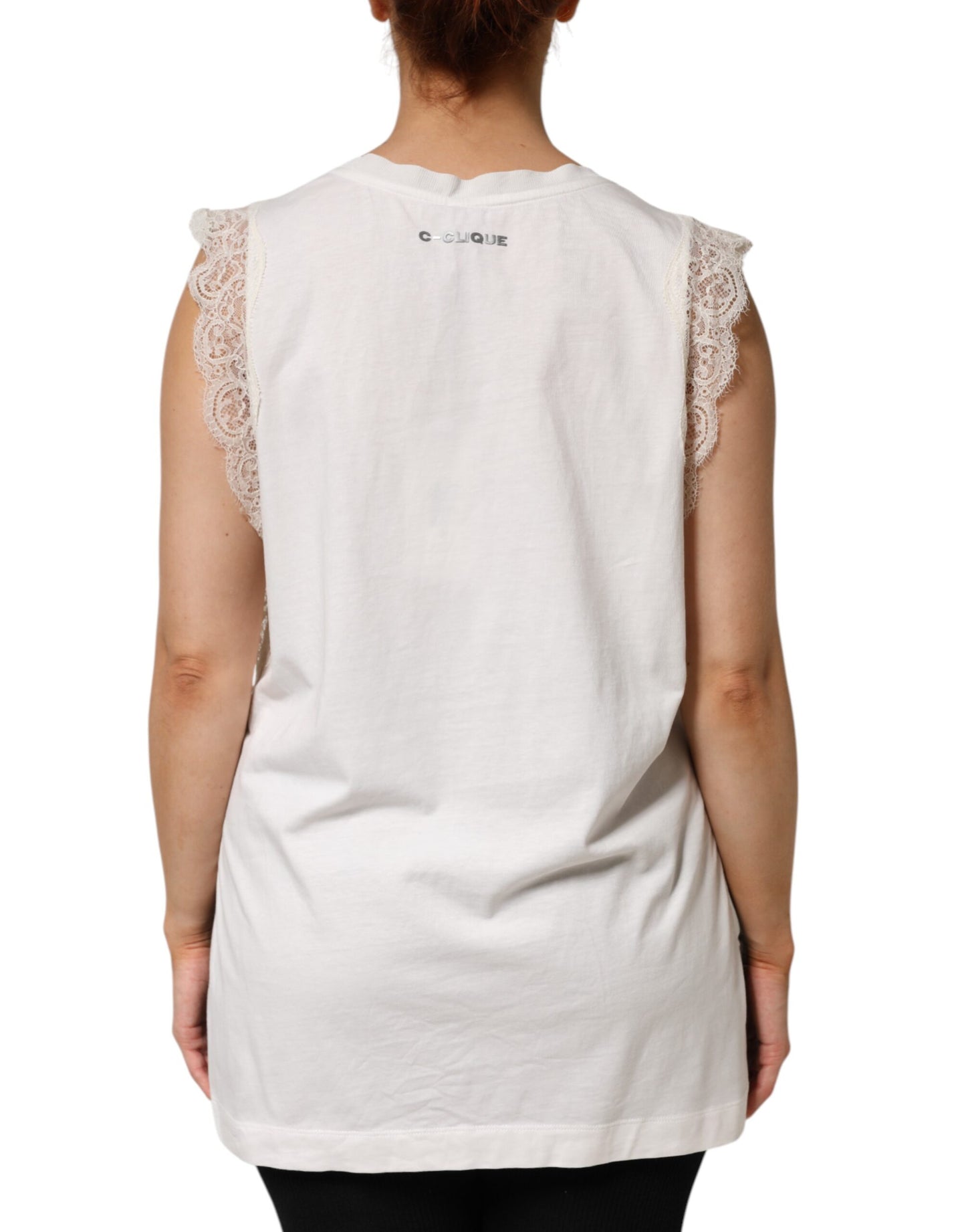 PINKO White Silk Blend Lace Trim Sleeveless V-Neck Women’s Top