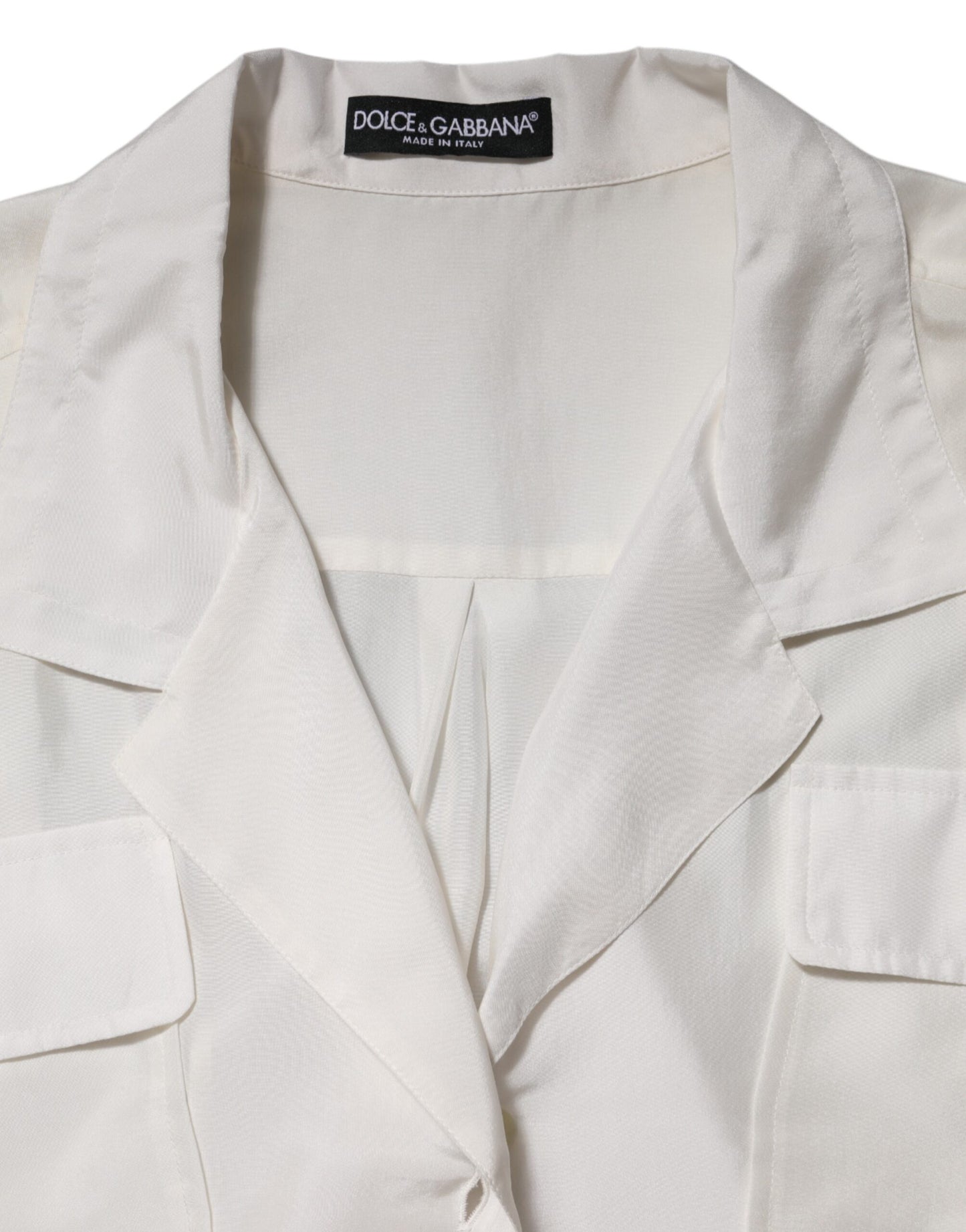 Dolce & Gabbana White Silk Collared 3/4 Sleeves Blouse Top