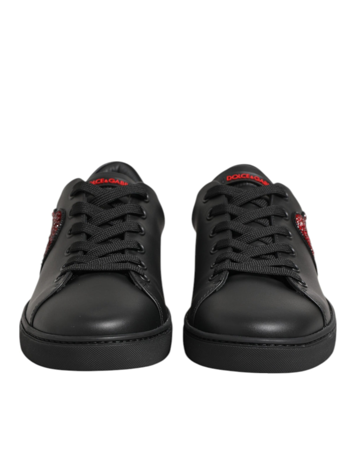 Dolce & Gabbana Schwarze Leder Crystal Heart Low Top Sneaker Schuhe