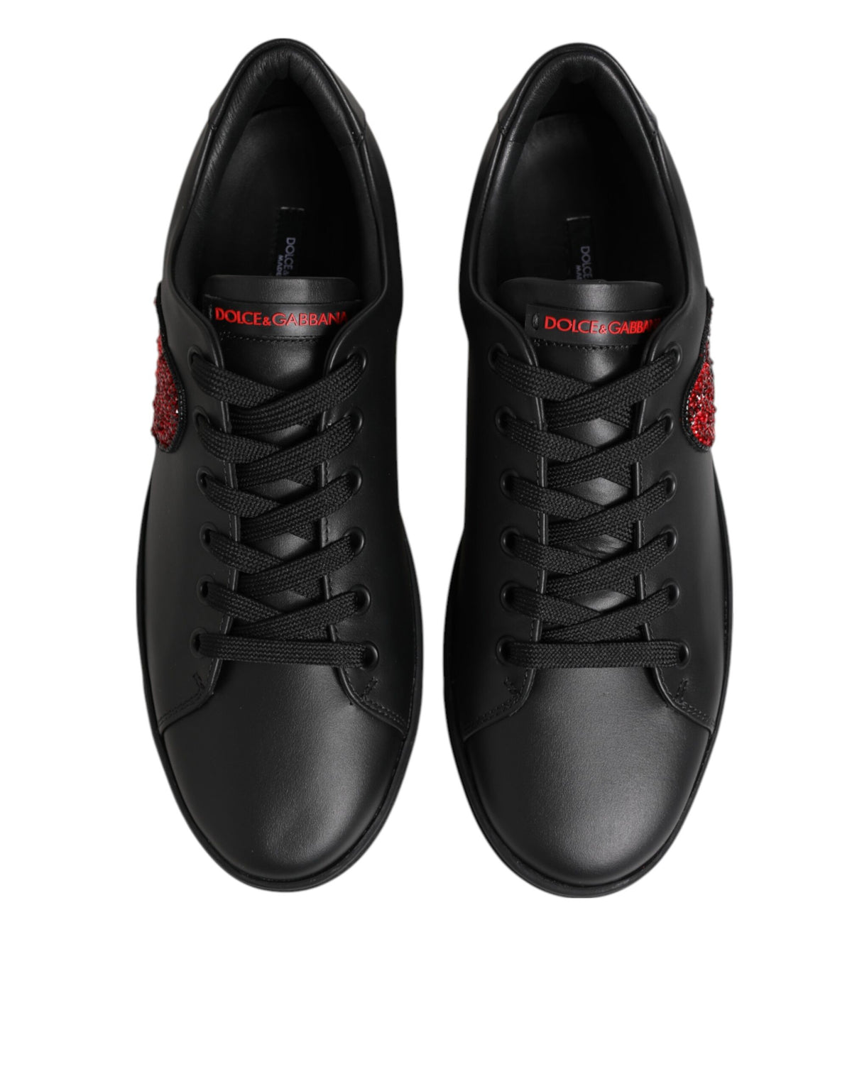 Dolce & Gabbana Schwarze Leder Crystal Heart Low Top Sneaker Schuhe