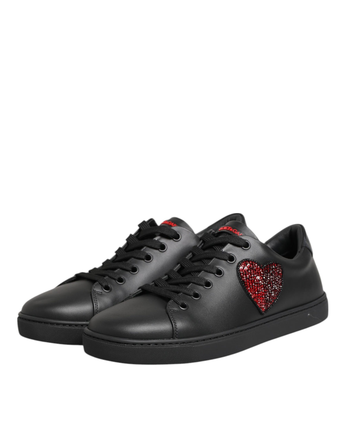 Dolce & Gabbana Schwarze Leder Crystal Heart Low Top Sneaker Schuhe