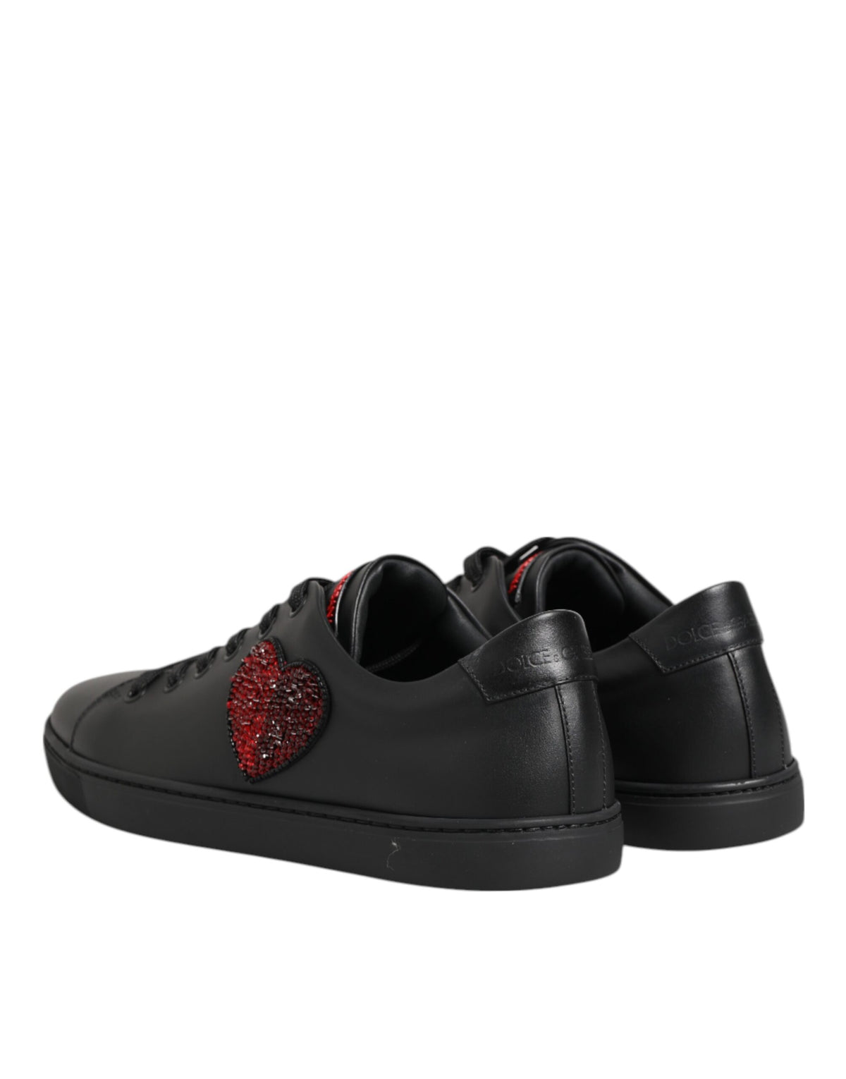 Dolce & Gabbana Schwarze Leder Crystal Heart Low Top Sneaker Schuhe