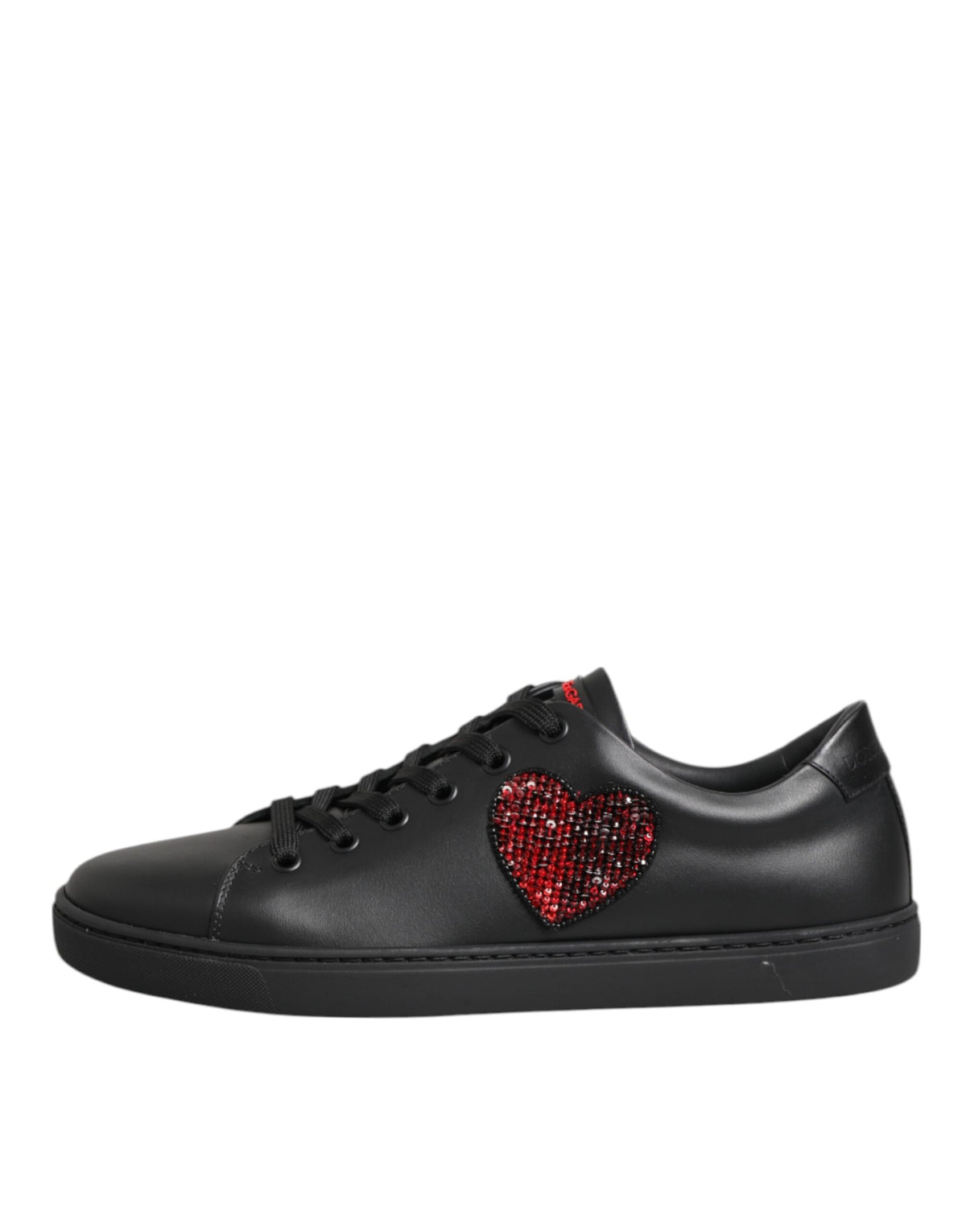 Dolce & Gabbana Schwarze Leder Crystal Heart Low Top Sneaker Schuhe